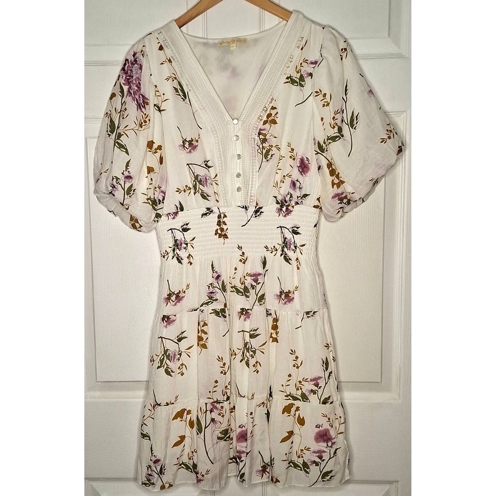 Kings Road Floral Mini Dress Size Large White Purple Smocked Waist Puff Sleeve